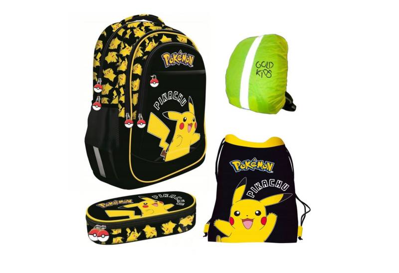 GOLDKIDS Schulranzen für Jungen und Mädchen, 4er-Set - (Schul-Rucksack für Kinder mit, 1-tlg., Schlampermäppchen - Schuhbeutel und Regenschutz), - Pokemon Motiv - 1-3 Klasse von GOLDKIDS