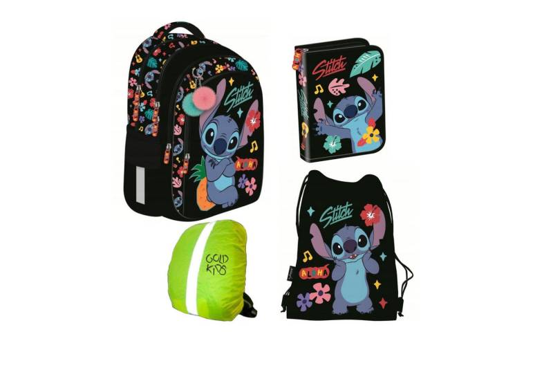 GOLDKIDS Schulranzen für Jungen und Mädchen, 4er-Set - (Schul-Rucksack für Kinder mit, Federmäppchen - Schuhbeutel und Regenschutz), - Stitch Motiv von GOLDKIDS