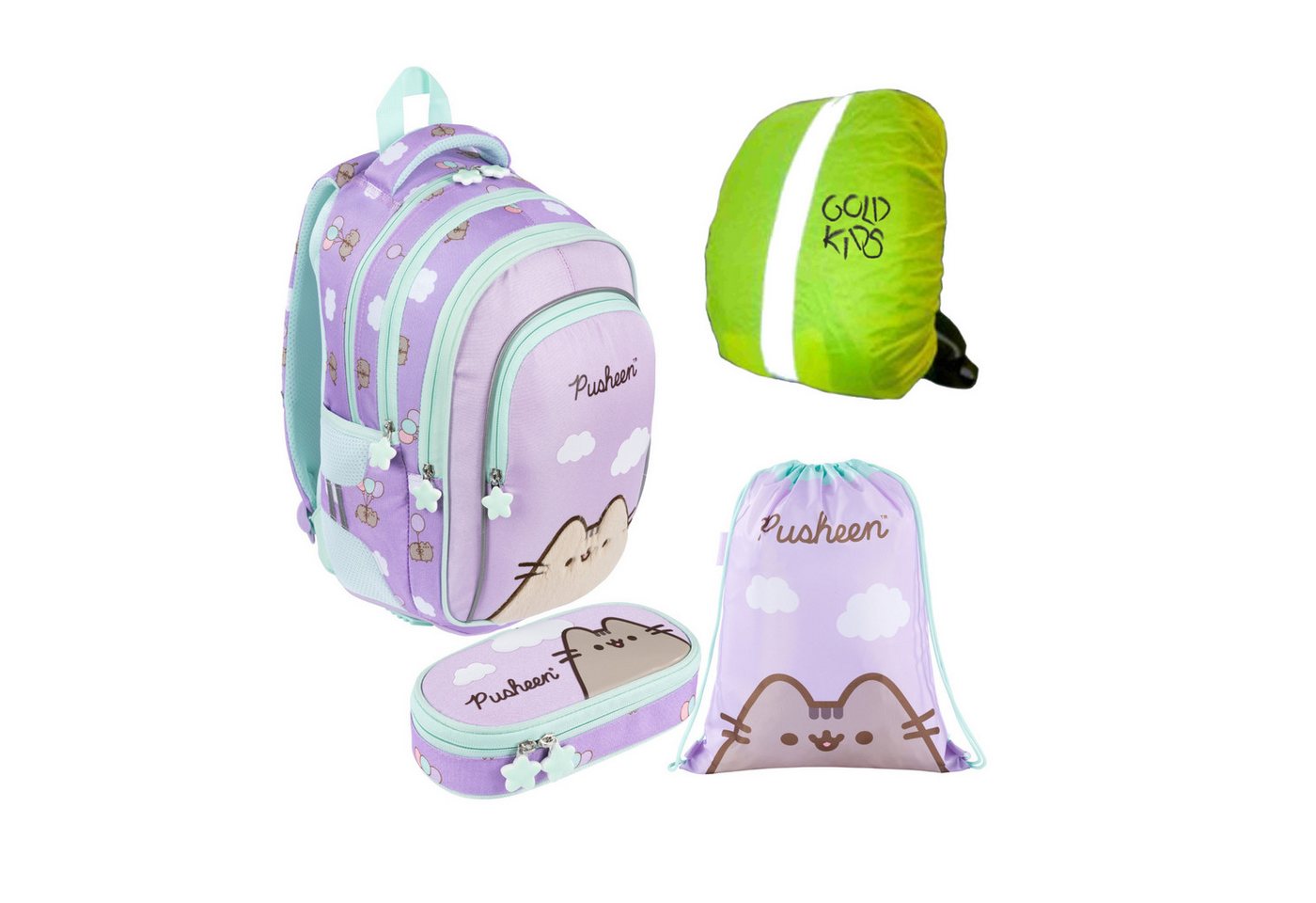 GOLDKIDS Schulranzen für Jungen und Mädchen, 4er-Set - (Schul-Rucksack für Kinder mit, Schlampermäppchen - Schuhbeutel und Regenschutz), - Pusheen Motiv von GOLDKIDS