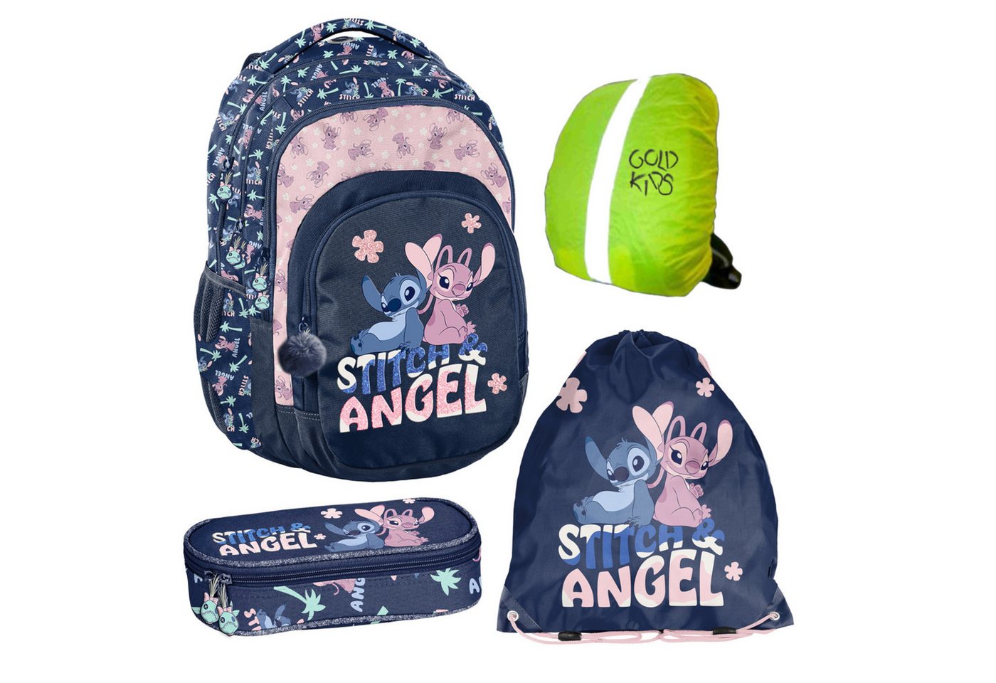 GOLDKIDS Schulranzen für Jungen und Mädchen, 4er-Set - (Schul-Rucksack für Kinder mit Federmäppchen, 1-tlg., - Schuhbeutel), - Stitch Motiv- 1-3 Klasse von GOLDKIDS