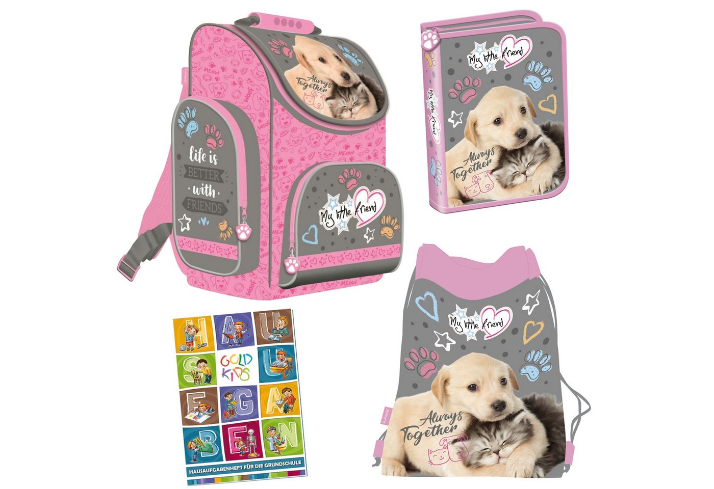 GOLDKIDS Schulranzen für Jungen und Mädchen, 4er-Set (Schul-Rucksack für Kinder mit Federmäppchen, 1-tlg., - Schuhbeutel und Hausaufgabenheft), - Hund Motiv- 1-3 Klasse von GOLDKIDS