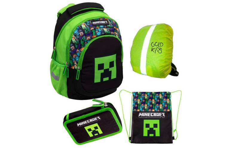 GOLDKIDS Schulranzen für Jungen und Mädchen, 4er-Set - (Schul-Rucksack für Kinder mit Federmäppchen, 1-tlg., - Schuhbeutel und Regenschutz), - Minecraft Motiv von GOLDKIDS