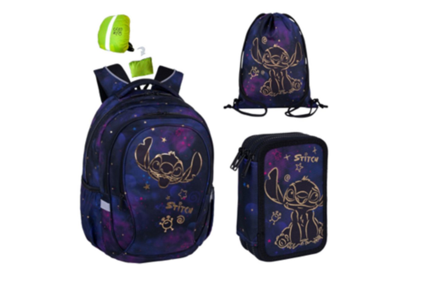 GOLDKIDS Schulranzen für Jungen und Mädchen, 4er-Set - (Schul-Rucksack für Kinder mit Federmäppchen, 1-tlg., - Schuhbeutel und Regenschutz), - Stitch Motiv von GOLDKIDS
