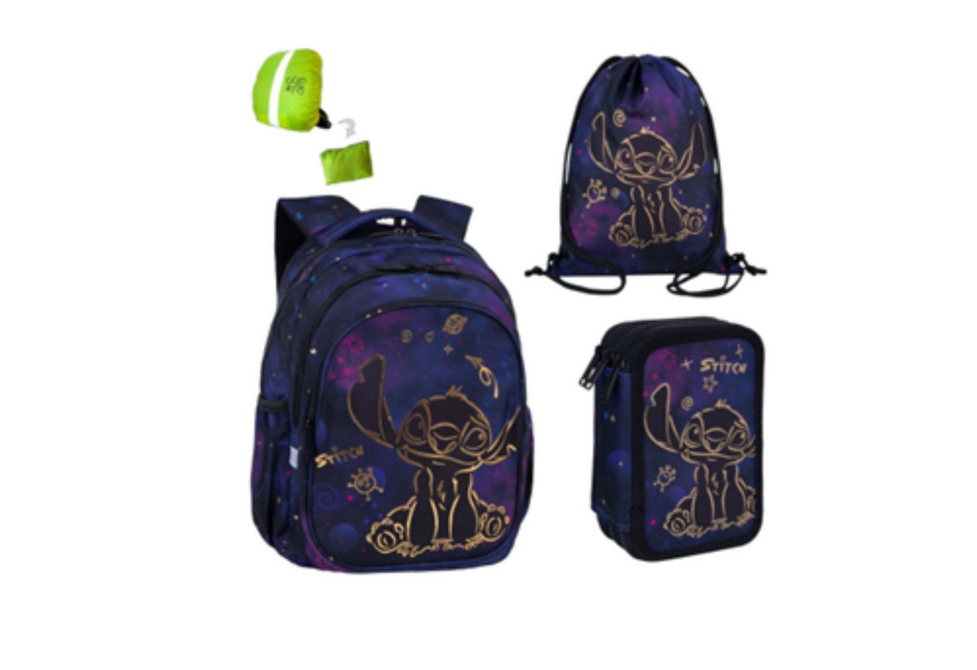 GOLDKIDS Schulranzen für Jungen und Mädchen, 4er-Set - (Schul-Rucksack für Kinder mit Federmäppchen, 1-tlg., - Schuhbeutel und Regenschutz), - Stitch Motiv von GOLDKIDS