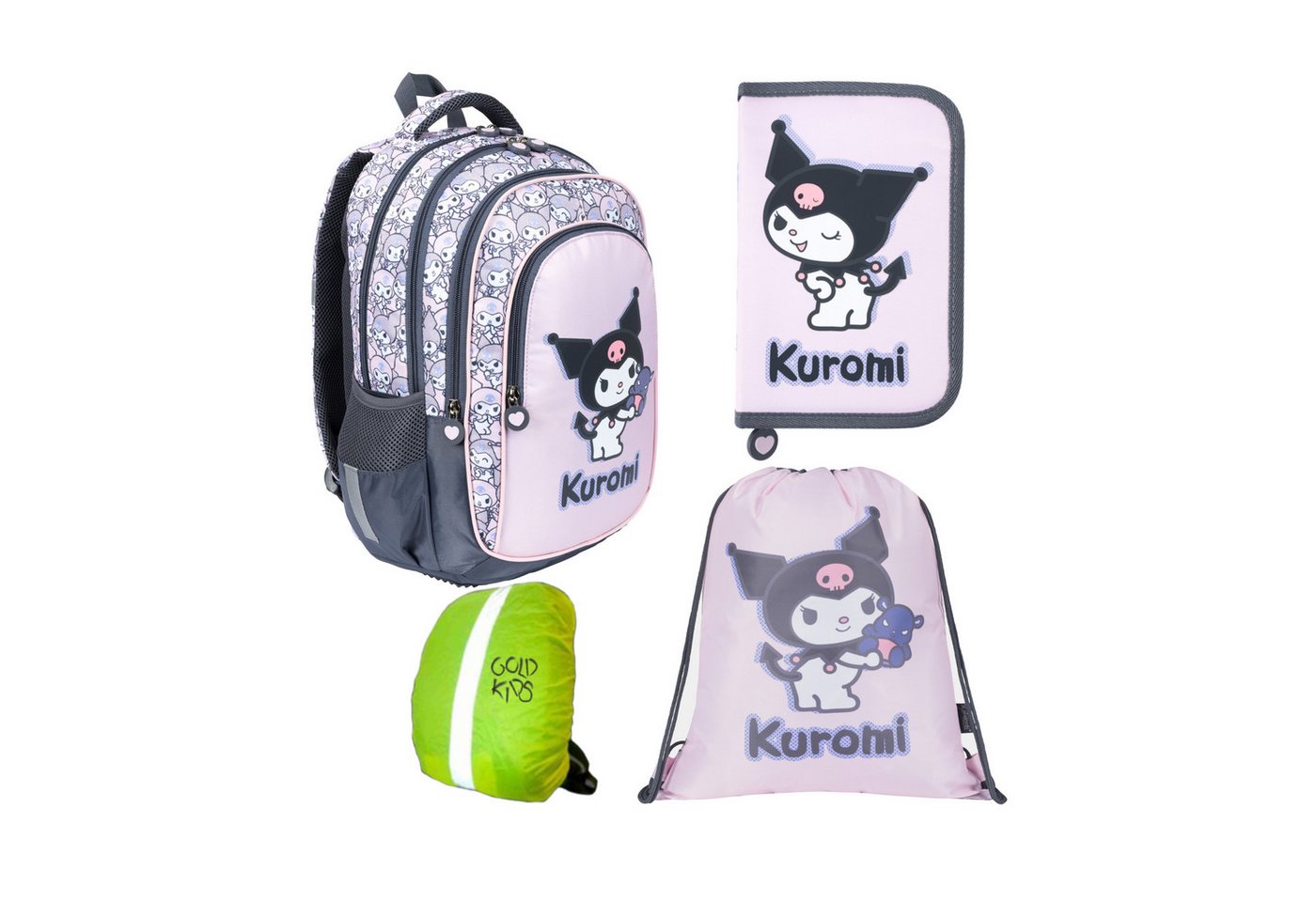 GOLDKIDS Schulranzen für Jungen und Mädchen, 4er-Set - (Schul-Rucksack für Kinder mit Federmäppchen -, Schuhbeutel und Regenschutz), - Kuromi Motiv von GOLDKIDS
