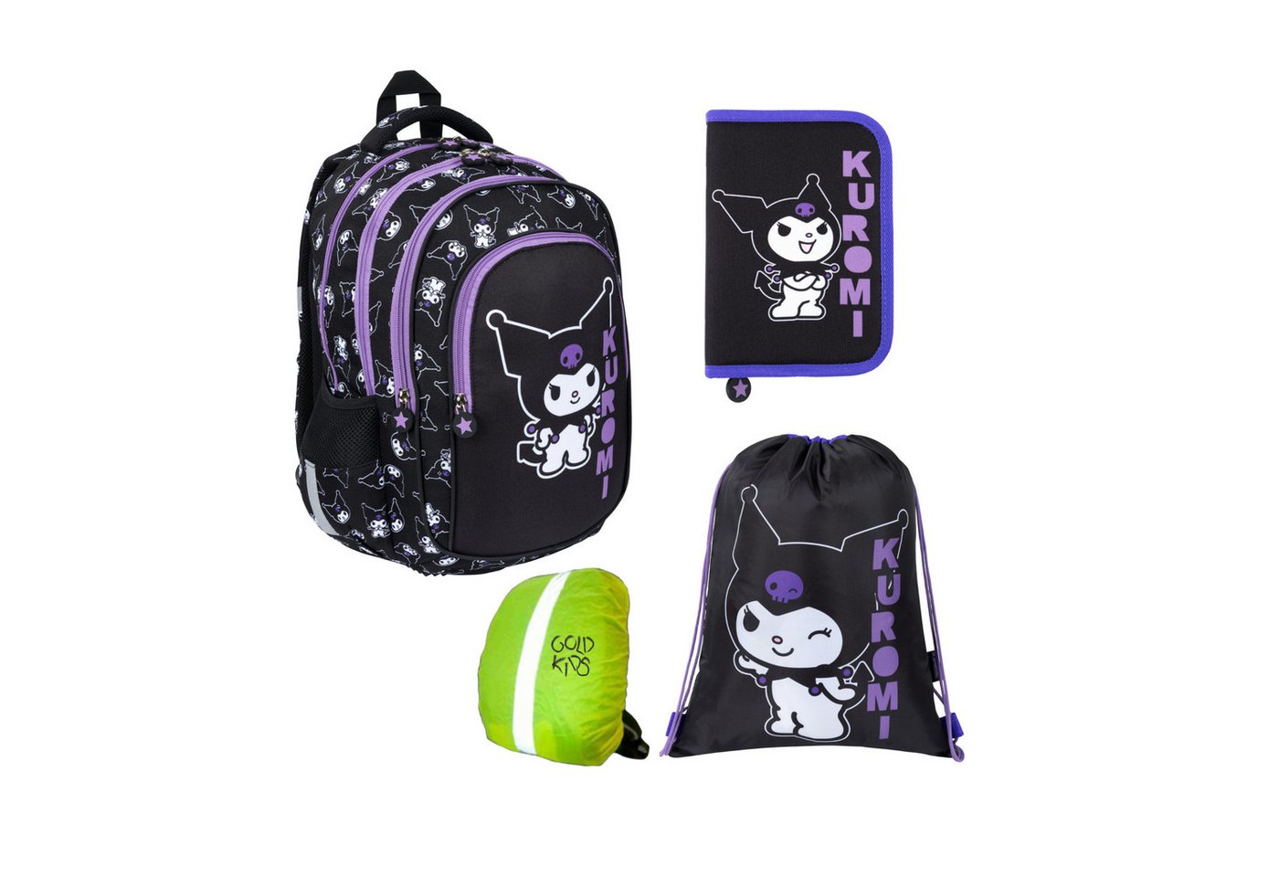GOLDKIDS Schulranzen für Jungen und Mädchen, 4er-Set - (Schul-Rucksack für Kinder mit Federmäppchen -, Schuhbeutel und Regenschutz), - Kuromi Motiv von GOLDKIDS