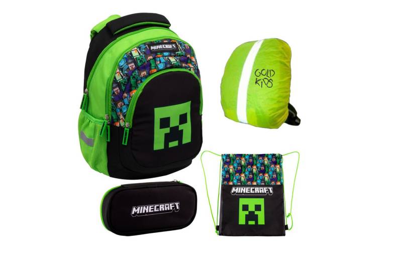 GOLDKIDS Schulranzen für Jungen und Mädchen, 4er-Set - (Schul-Rucksack für Kinder mit Schlampermäppchen -, 1-tlg., Schuhbeutel und Regenschutz), - Minecraft Motiv von GOLDKIDS
