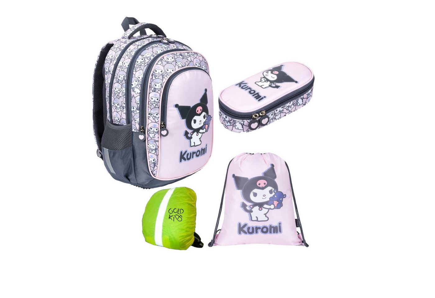 GOLDKIDS Schulranzen für Jungen und Mädchen, 4er-Set - (Schul-Rucksack für Kinder mit Schlampermäppchen-, Schuhbeutel und Regenschutz), - Kuromi Motiv von GOLDKIDS