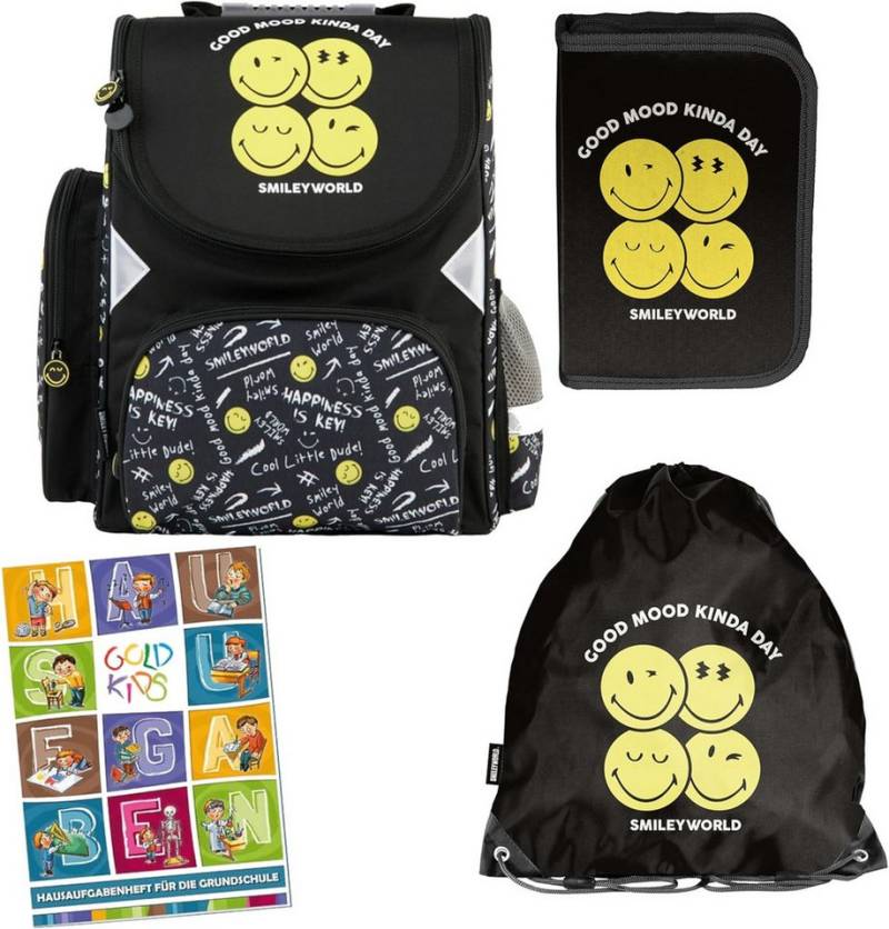 GOLDKIDS Schulranzen für Jungen und Mädchen, 4er-Set - Schul-Rucksack für (Kinder mit Federmäppchen -, 1-tlg., Schuhbeutel und Hausaufgabenheft), Emoji Motiv - 1-3 Klasse von GOLDKIDS