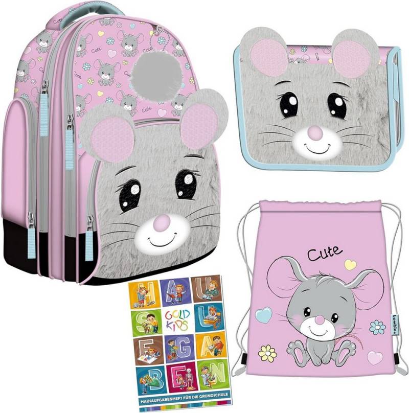 GOLDKIDS Schulranzen für Jungen und Mädchen, 4er-Set - Schul-Rucksack für (Kinder mit Federmäppchen -, 1-tlg., Schuhbeutel und Hausaufgabenheft), Maus Motiv - 1-3 Klasse von GOLDKIDS