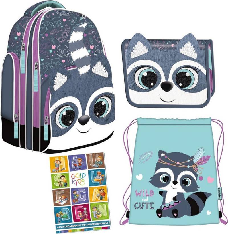 GOLDKIDS Schulranzen für Jungen und Mädchen, 4er-Set - Schul-Rucksack für (Kinder mit Federmäppchen -, 1-tlg., Schuhbeutel und Hausaufgabenheft), Waschbär Motiv - 1-3 Klasse von GOLDKIDS