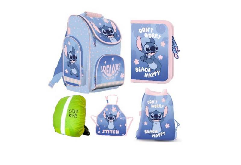 GOLDKIDS Schulranzen für Jungen und Mädchen, 5er-Set - (Schul-Rucksack für, 1-tlg., Kinder mit Federmäppchen- Schuhbeutel), und Regenschutz- Stitch von GOLDKIDS