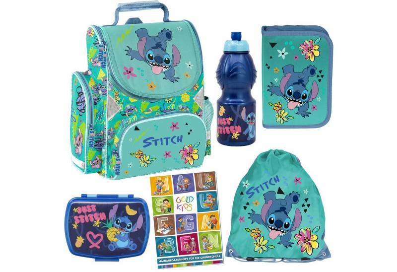 GOLDKIDS Schulranzen für Jungen und Mädchen, 6er-Set - (Schul-Rucksack für Kinder mit Federmäppchen, 1-tlg., - Schuhbeutel Brotdose und Trinkflasche), - Stitch Motiv - 1-3 Klasse von GOLDKIDS