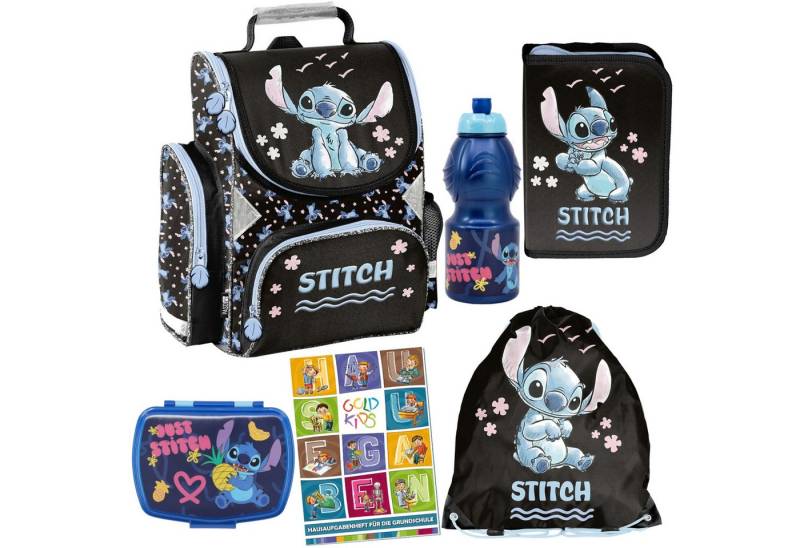 GOLDKIDS Schulranzen für Jungen und Mädchen, 6er-Set - (Schul-Rucksack für Kinder mit Federmäppchen, 1-tlg., - Schuhbeutel Brotdose und Trinkflasche), - Stitch Motiv - 1-3 Klasse von GOLDKIDS