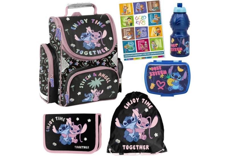 GOLDKIDS Schulranzen für Jungen und Mädchen, 6er-Set - (Schul-Rucksack für Kinder mit Federmäppchen -, 1-tlg., Schuhbeutel Brotdose und Trinkflasche), - Stitch Motiv - 1-3 Klasse von GOLDKIDS
