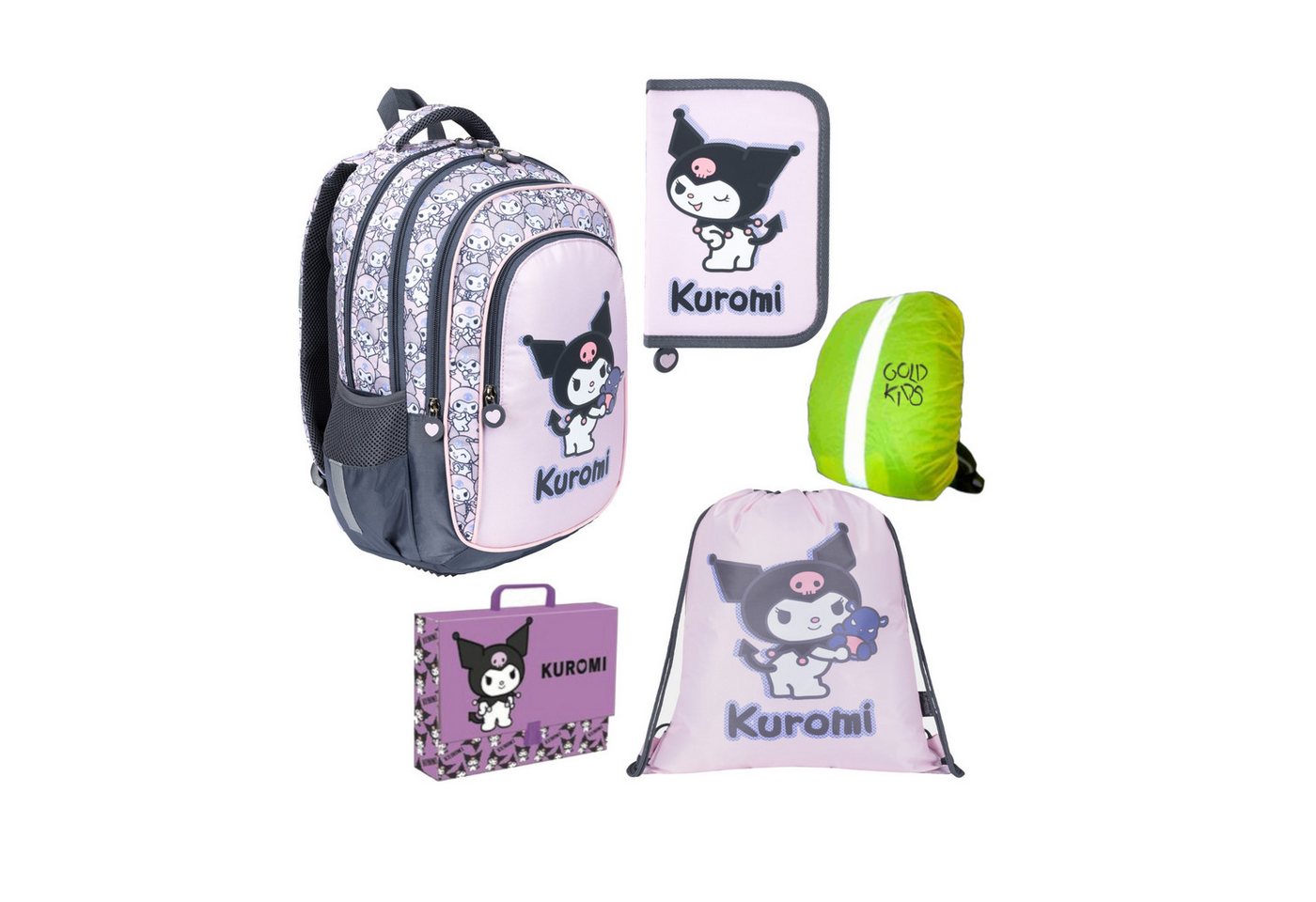 GOLDKIDS Schulranzen für Jungen und Mädchen, 5er-Set - (Schul-Rucksack für Kinder mit Federmäppchen -, Schuhbeutel und Regenschutz), - Kuromi Motiv von GOLDKIDS