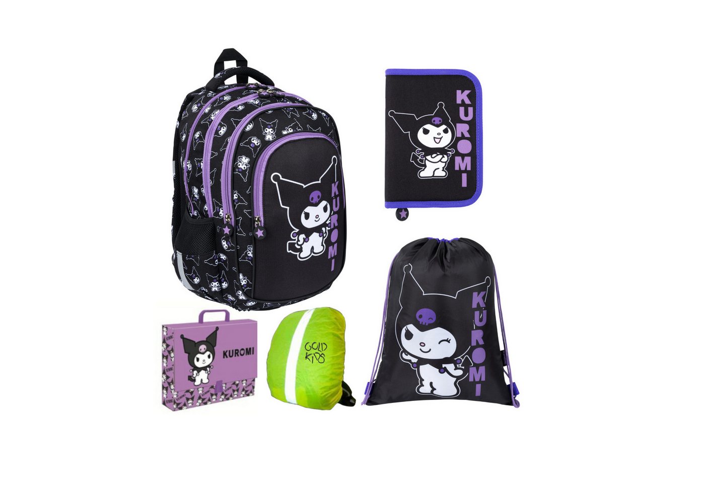 GOLDKIDS Schulranzen für Jungen und Mädchen, 5er-Set - (Schul-Rucksack für Kinder mit Federmäppchen -, Schuhbeutel und Regenschutz), - Kuromi Motiv von GOLDKIDS