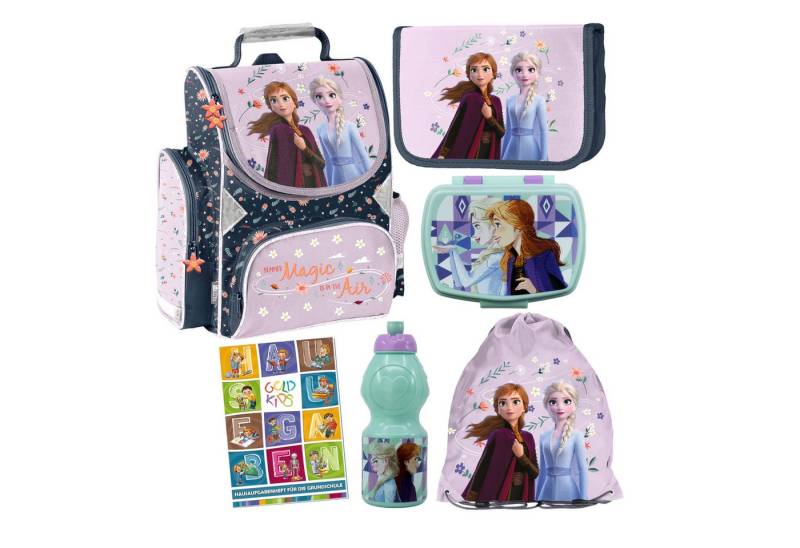 GOLDKIDS Schulranzen für Jungen und Mädchen, 6er-Set - (Schul-Rucksack für Kinder mit Federmäppchen, 1-tlg., - Schuhbeutel Trinkflasche und Brotdose), - Eiskönigin Motiv- 1-3 Klasse von GOLDKIDS