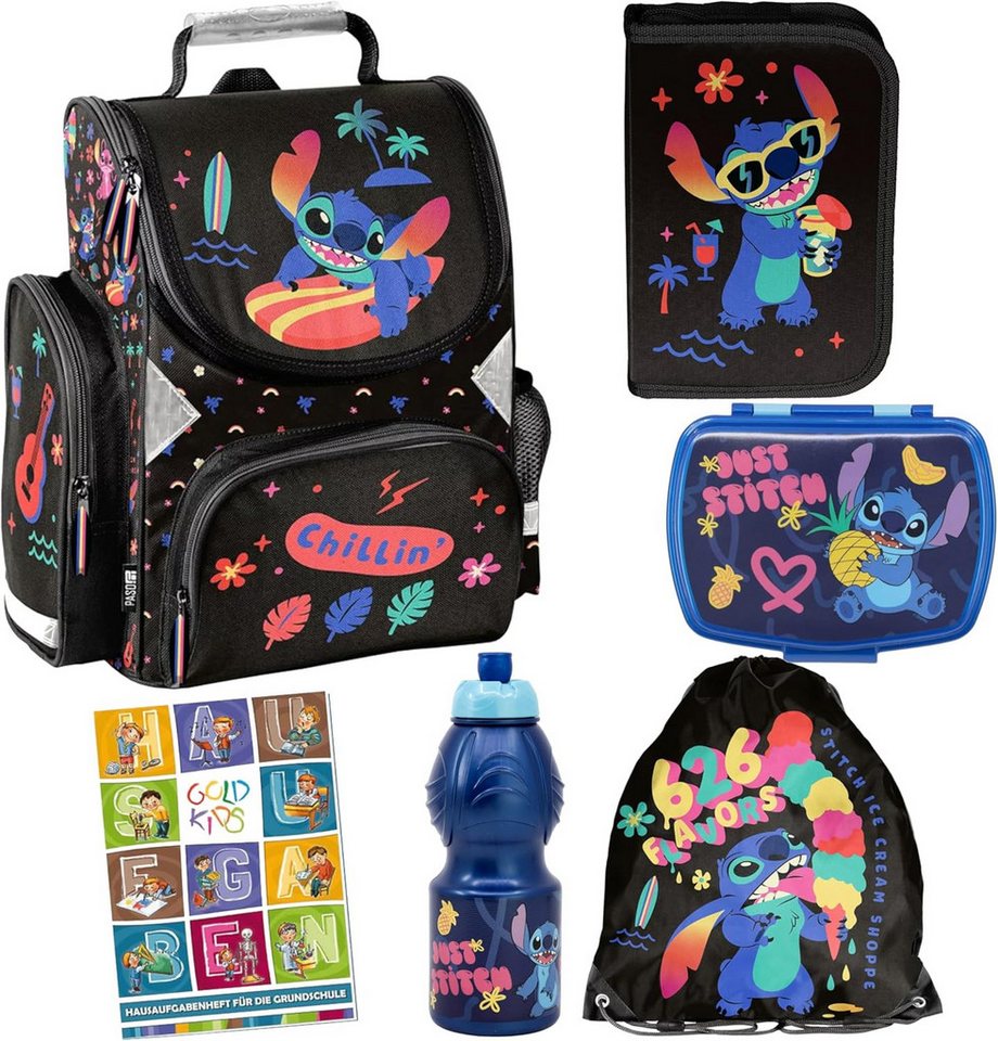 GOLDKIDS Schulranzen für Jungen und Mädchen, 6er-Set - (Schul-Rucksack für Kinder mit Federmäppchen, 1-tlg., - Schuhbeutel und Hausaufgabenheft), - Lilo und Stitch Motiv - 1-3 Klasse (6er-Set) von GOLDKIDS