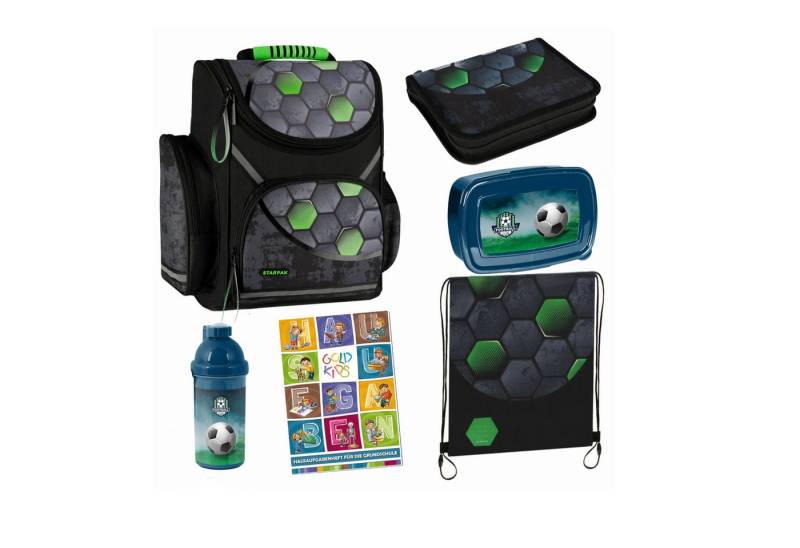 GOLDKIDS Schulranzen für Jungen und Mädchen, 6er-Set - (Schul-Rucksack für Kinder mit Federmäppchen, 1-tlg., - Trinkflasche und Brotdose), - Football Motiv - 1-3 Klasse von GOLDKIDS
