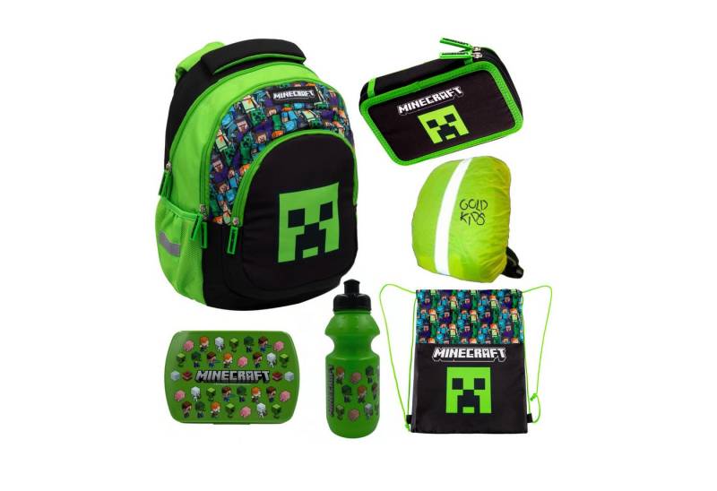 GOLDKIDS Schulranzen für Jungen und Mädchen, 6er-Set - (Schul-Rucksack für Kinder mit Federmäppchen, 1-tlg., - Trinkflasche und Brotdose -Regenschutz), - Minecraft Motiv von GOLDKIDS