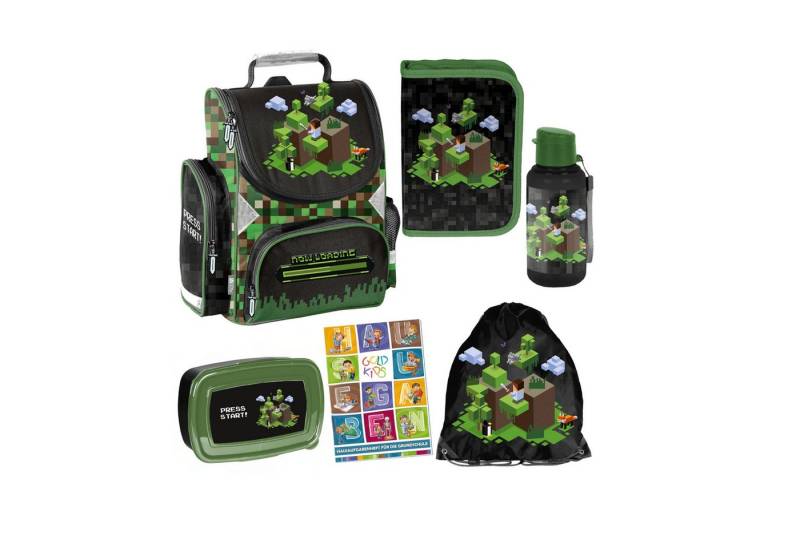 GOLDKIDS Schulranzen für Jungen und Mädchen, 6er-Set - (Schul-Rucksack für Kinder mit Federmäppchen -, 1-tlg., Schuhbeutel Trinkflasche und), Brotdose - Game Motiv- 1-3 Klasse von GOLDKIDS