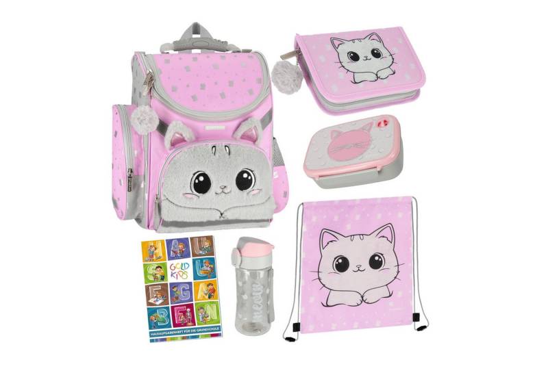 GOLDKIDS Schulranzen für Jungen und Mädchen, 6er-Set - (Schul-Rucksack für Kinder mit Federmäppchen -, 1-tlg., Schuhbeutel Trinkflasche und), Brotdose - Katze Motiv- 1-3 Klasse von GOLDKIDS