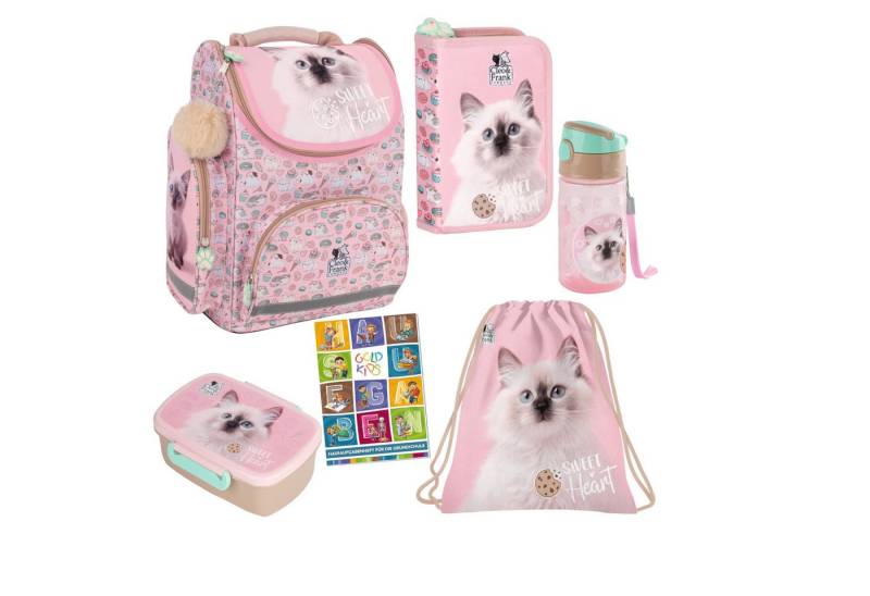 GOLDKIDS Schulranzen für Jungen und Mädchen, 6er-Set - (Schul-Rucksack für Kinder mit Federmäppchen -, 1-tlg., Schuhbeutel Trinkflasche und), Brotdose - Katze Motiv- 1-3 Klasse von GOLDKIDS