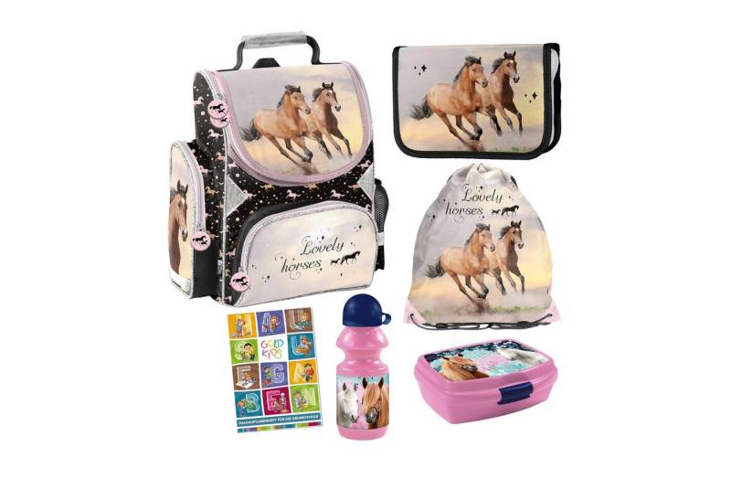 GOLDKIDS Schulranzen für Jungen und Mädchen, 6er-Set - (Schul-Rucksack für Kinder mit Federmäppchen -, 1-tlg., Schuhbeutel Trinkflasche und), Brotdose - Pferd Motiv- 1-3 Klasse von GOLDKIDS