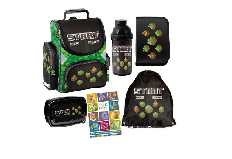 GOLDKIDS Schulranzen für Jungen und Mädchen, 6er-Set - (Schul-Rucksack für Kinder mit Federmäppchen -, 1-tlg., Schuhbeutel Trinkflasche und), Brotdose - Start Game Motiv- 1-3 Klasse von GOLDKIDS