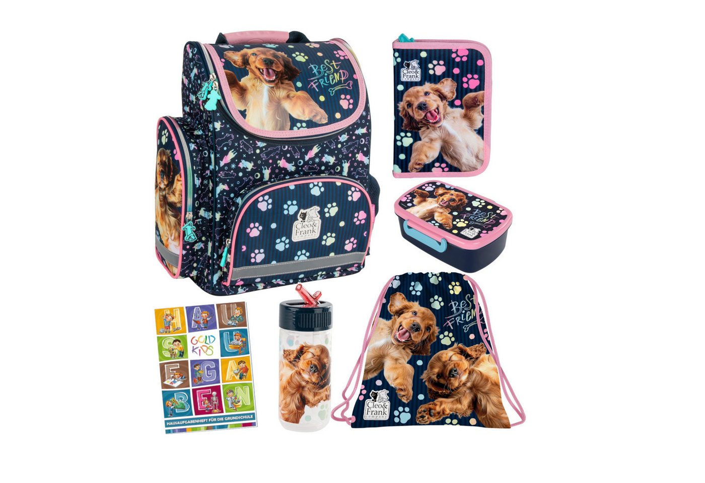 GOLDKIDS Schulranzen für Jungen und Mädchen, 6er-Set - (Schul-Rucksack für Kinder mit Federmäppchen -, 1-tlg., Schuhbeutel Trinkflasche und Brotdose), - Hund Motiv - 1-3 Klasse von GOLDKIDS