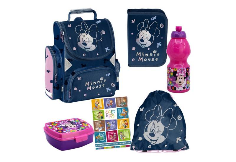 GOLDKIDS Schulranzen für Jungen und Mädchen, 6er-Set - (Schul-Rucksack für Kinder mit Federmäppchen -, 1-tlg., Schuhbeutel Trinkflasche und Brotdose), - Minnie Motiv- 1-3 Klasse von GOLDKIDS