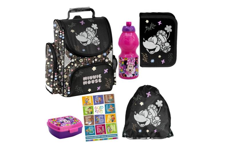 GOLDKIDS Schulranzen für Jungen und Mädchen, 6er-Set - (Schul-Rucksack für Kinder mit Federmäppchen -, 1-tlg., Schuhbeutel Trinkflasche und Brotdose), - Minnie Motiv- 1-3 Klasse von GOLDKIDS