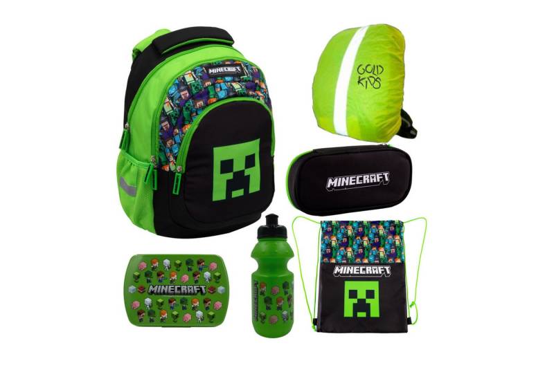 GOLDKIDS Schulranzen für Jungen und Mädchen, 6er-Set - (Schul-Rucksack für Kinder mit Schlampermäppchen, 1-tlg., - Trinkflasche und Brotdose -Regenschutz), - Minecraft Motiv von GOLDKIDS