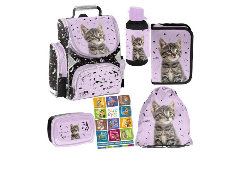 GOLDKIDS Schulranzen für Jungen und Mädchen, 6er-Set - Schul-Rucksack für (Kinder mit Federmäppchen -, 1-tlg., Schuhbeutel Trinkflasche und), Brotdose - Katze Motiv- 1-3 Klasse von GOLDKIDS