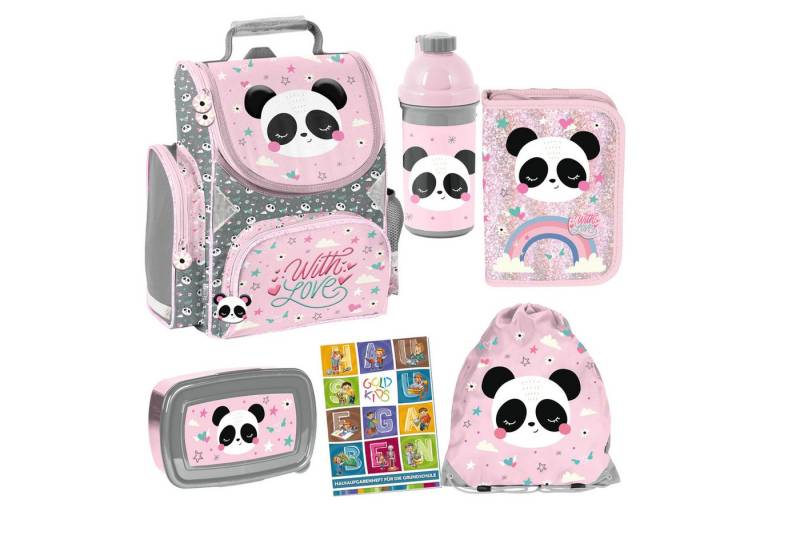GOLDKIDS Schulranzen für Jungen und Mädchen, 6er-Set - Schul-Rucksack für (Kinder mit Federmäppchen -, 1-tlg., Schuhbeutel Trinkflasche und), Brotdose - Panda Motiv- 1-3 Klasse von GOLDKIDS