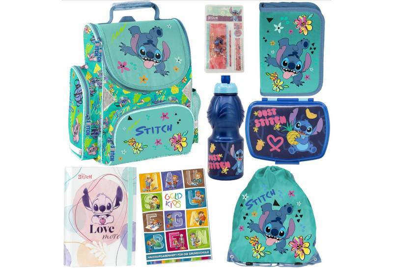 GOLDKIDS Schulranzen für Jungen und Mädchen, 8er-Set - (Schul-Rucksack für Kinder mit Federmäppchen, 1-tlg., - Schuhbeutel Brotdose und Trinkflasche), - Stitch Motiv - 1-3 Klasse von GOLDKIDS
