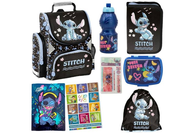 GOLDKIDS Schulranzen für Jungen und Mädchen, 8er-Set - (Schul-Rucksack für Kinder mit Federmäppchen, 1-tlg., - Schuhbeutel Brotdose und Trinkflasche), - Stitch Motiv - 1-3 Klasse von GOLDKIDS
