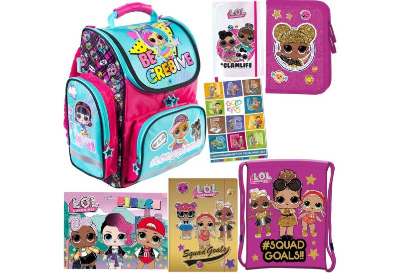 GOLDKIDS Schulranzen für Jungen und Mädchen, 7er-Set - Schul-Rucksack für (Kinder mit Federmäppchen -, Schuhbeutel Sammelmappe und), Hausaufgabenheft - LOL Motiv - 1-3 Klasse von GOLDKIDS