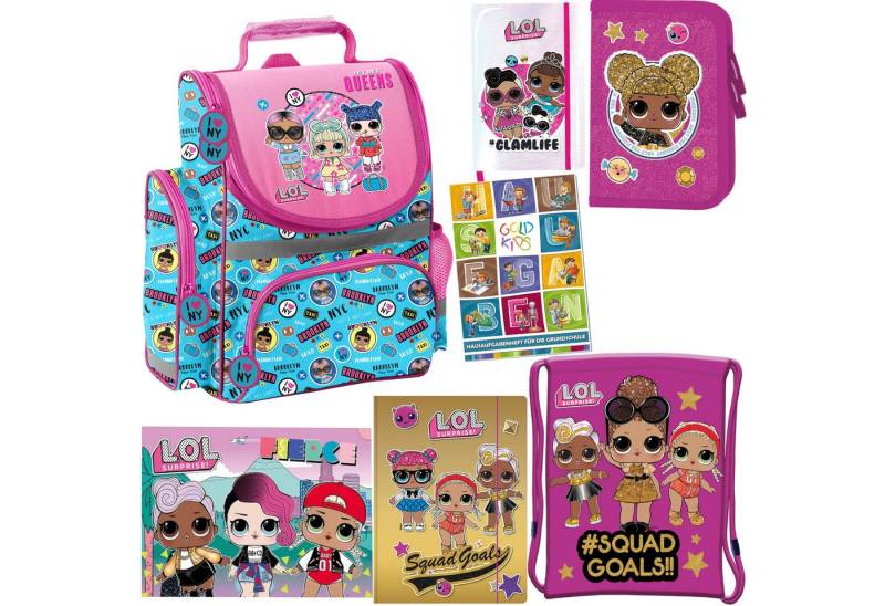 GOLDKIDS Schulranzen für Jungen und Mädchen, 7er-Set - Schul-Rucksack für (Kinder mit Federmäppchen -, Schuhbeutel Sammelmappe und), Hausaufgabenheft - LOL Motiv - 1-3 Klasse von GOLDKIDS