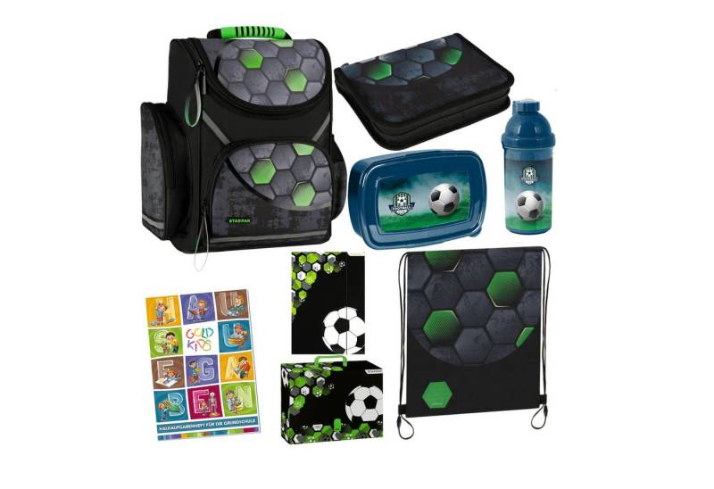GOLDKIDS Schulranzen für Jungen und Mädchen, 8er-Set - (Schul-Rucksack für Kinder mit Federmäppchen, 1-tlg., - Trinkflasche und Brotdose), - Football Motiv - 1-3 Klasse von GOLDKIDS
