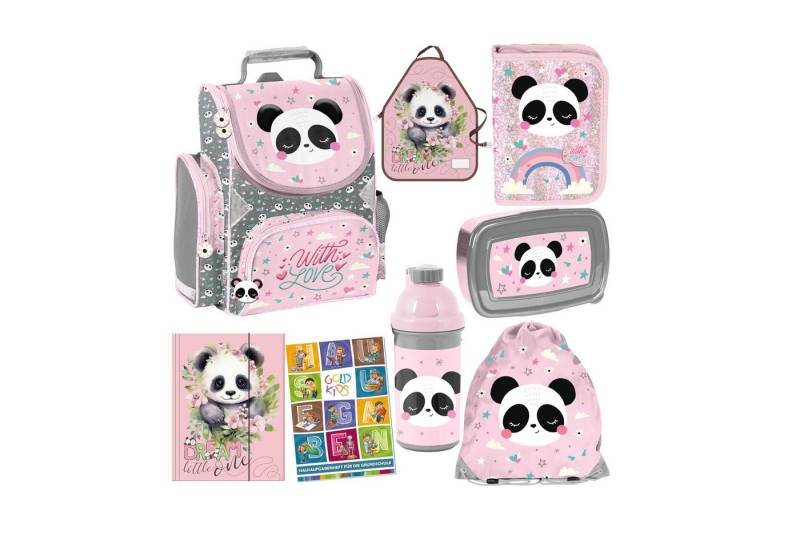 GOLDKIDS Schulranzen für Jungen und Mädchen, 8er-Set - Schul-Rucksack für (Kinder mit Federmäppchen -, 1-tlg., Schuhbeutel Sammelmappe), Trinkflasche und Brotdose- Panda Motiv - 1-3 Klasse von GOLDKIDS