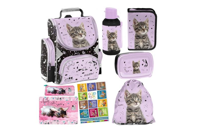 GOLDKIDS Schulranzen für Jungen und Mädchen, 8er-Set - Schul-Rucksack für (Kinder mit Federmäppchen -, 1-tlg., Schuhbeutel Trinkflasche und), Brotdose - Katze Motiv- 1-3 Klasse von GOLDKIDS