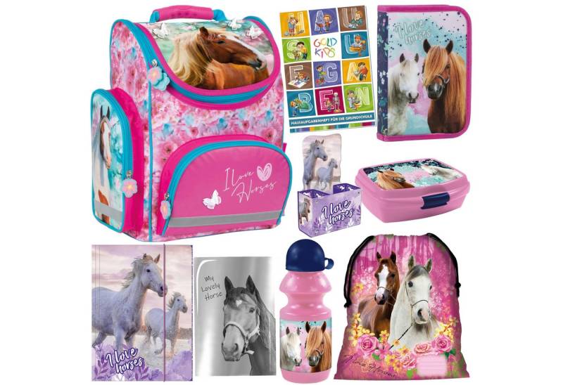 GOLDKIDS Schulranzen für Jungen und Mädchen, 9er-Set - Schul-Rucksack für (Kinder mit Federmäppchen -, 1-tlg., Schuhbeutel Sammelmappe und), Hausaufgabenheft - Pferd Motiv - 1-3 Klasse von GOLDKIDS