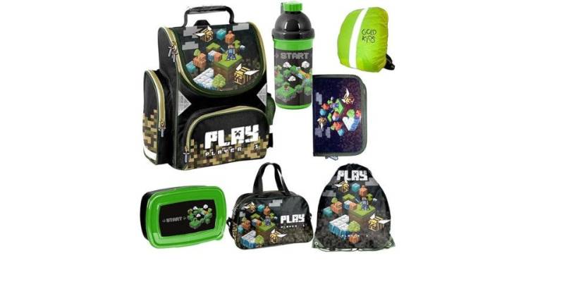 GOLDKIDS Schulranzen set jungen 1. klasse 7-teilig Ranzen Tornister (Schulrucksack Federmappe, 1-tlg., Turnbeutel Turnsack Brotdose), Trinkflasche Sporttasche Regenschutz Game Pixel Motiv mäppchen von GOLDKIDS