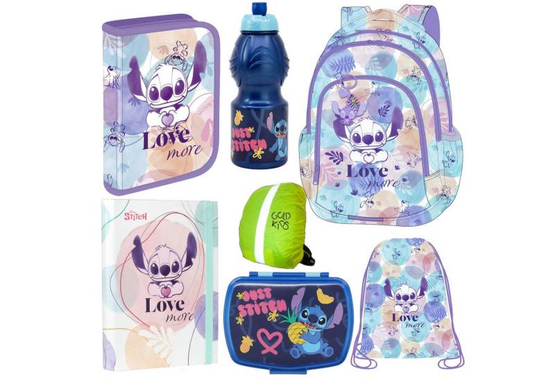 GOLDKIDS Schulrucksack Rucksack für Jungen und Mädchen, (7er-Set - Schul-Rucksack, für Kinder mit Federmäppchen), Schuhbeutel und Regenschutz - Lilo und Stitch Motiv von GOLDKIDS