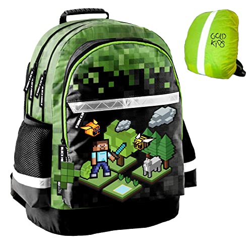 Schulrucksack Schulranzen Game Pixel Motiv ergonomischer Ranzen Tornister Schulltasche Mädchen Jungen inkl. Regenschutz von Goldkids