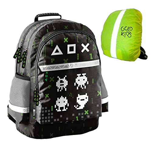 Goldkids Schulrucksack Schulranzen Gaming Pixel Motiv ergonomischer Ranzen Tornister Schulltasche Mädchen Jungen inkl. Regenschutz von Goldkids