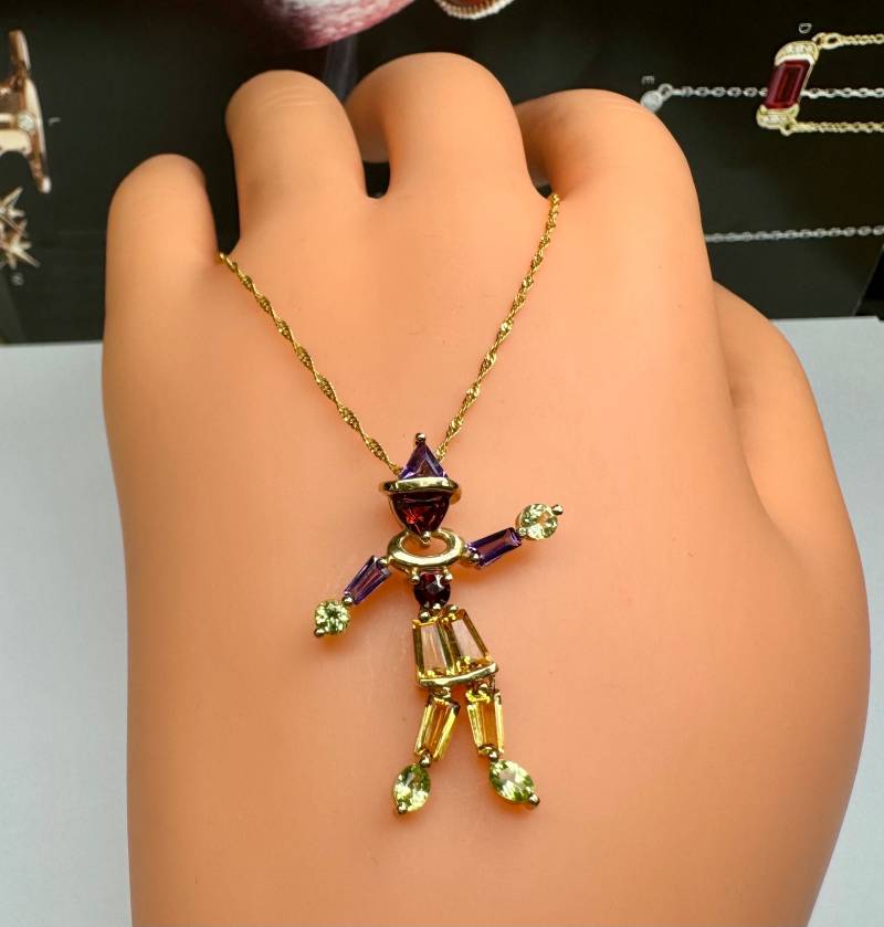 14K Gelbgold Clown Anhänger Halskette Multi-Color-stein, 18 "Italien Kette von GOLDKNOX