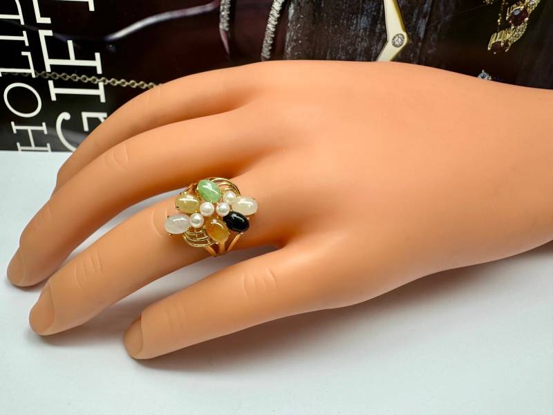 14K Gelbgold Multi-Color Jade & Perle Ring - Größe 6 von GOLDKNOX